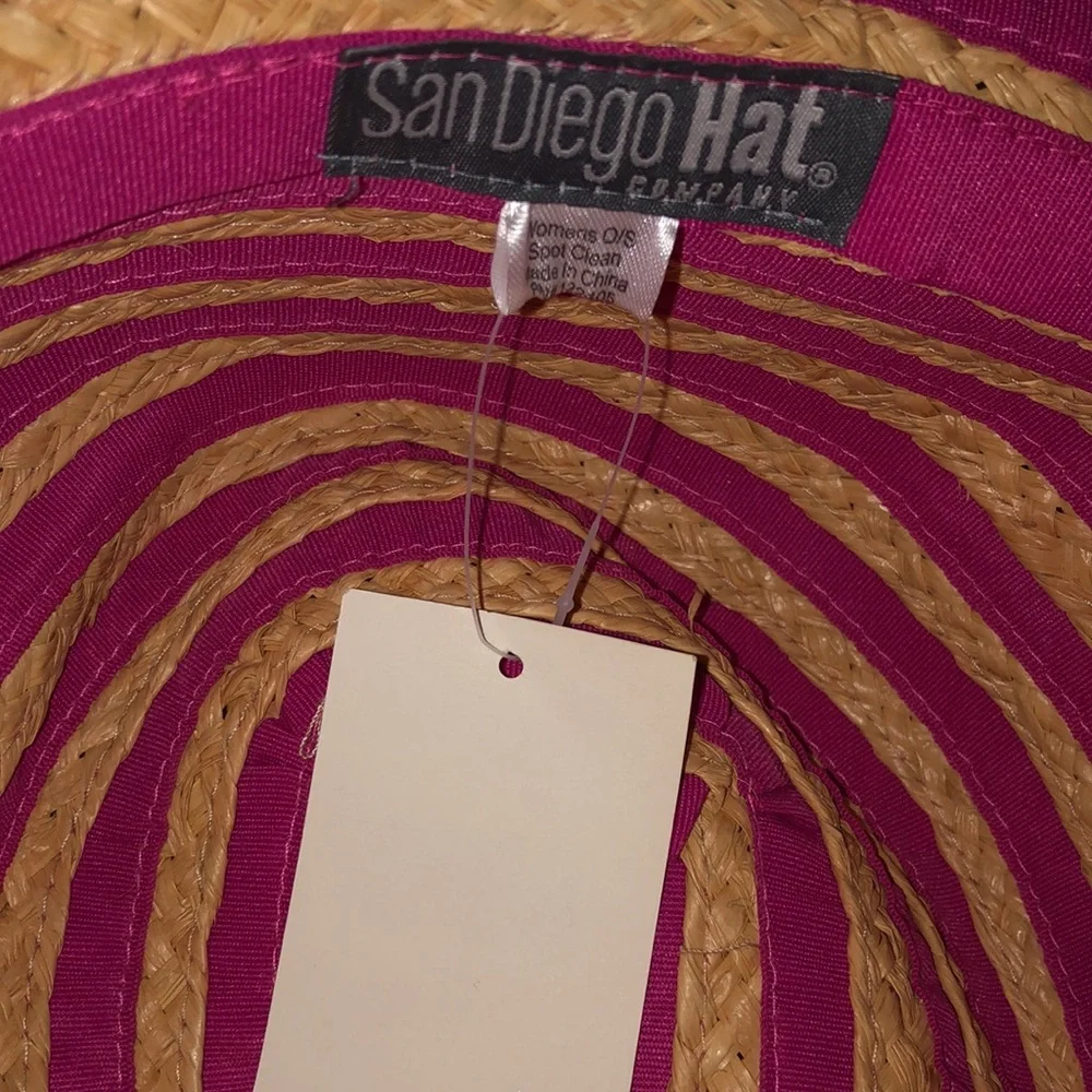Wide Brim Straw Sun Hat with Pink Stripe Detail